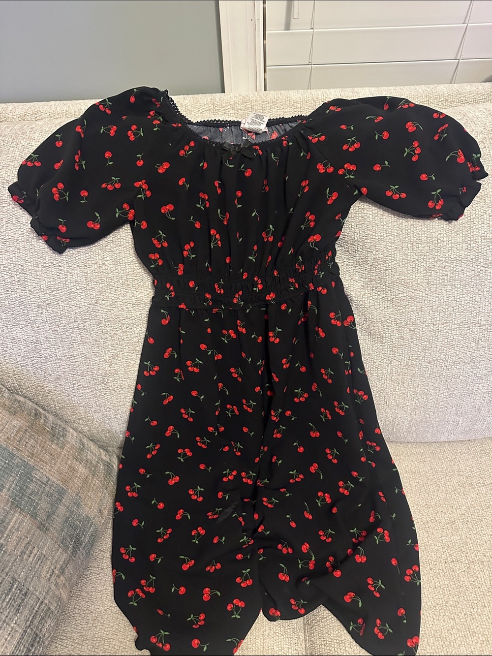 Girls Black Cherry Print Puff Sleeve Dress